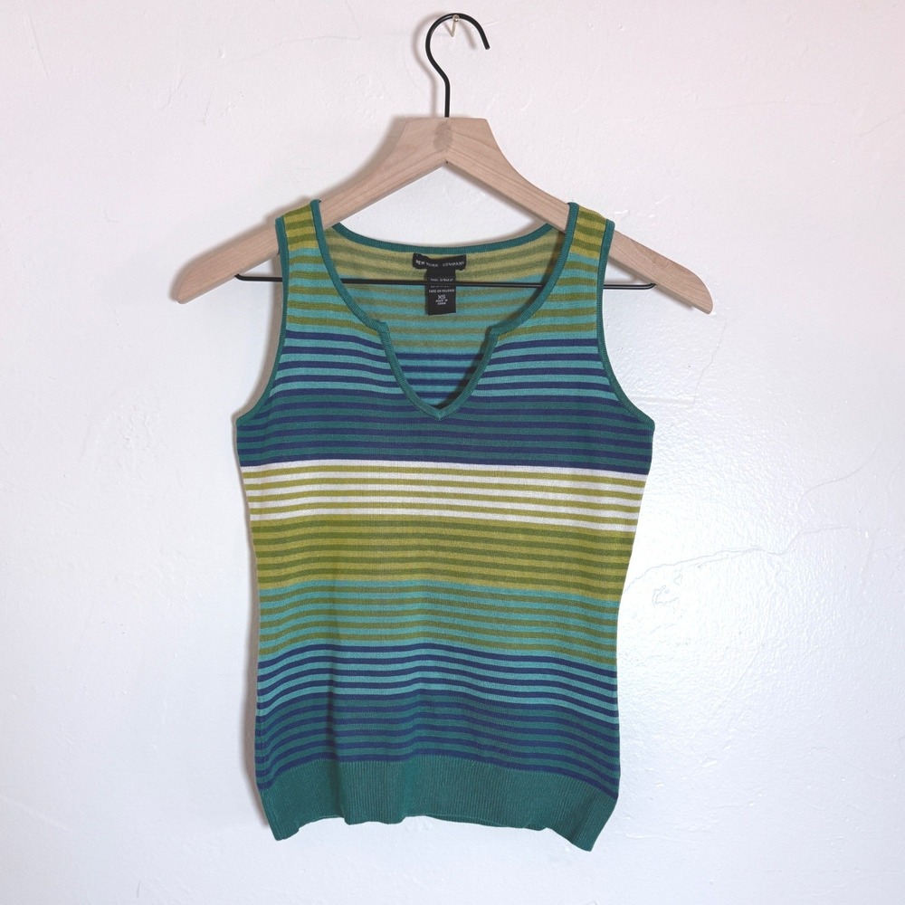 New York & Company Striped Knit Sweater Tank Green Blue Preppy XS